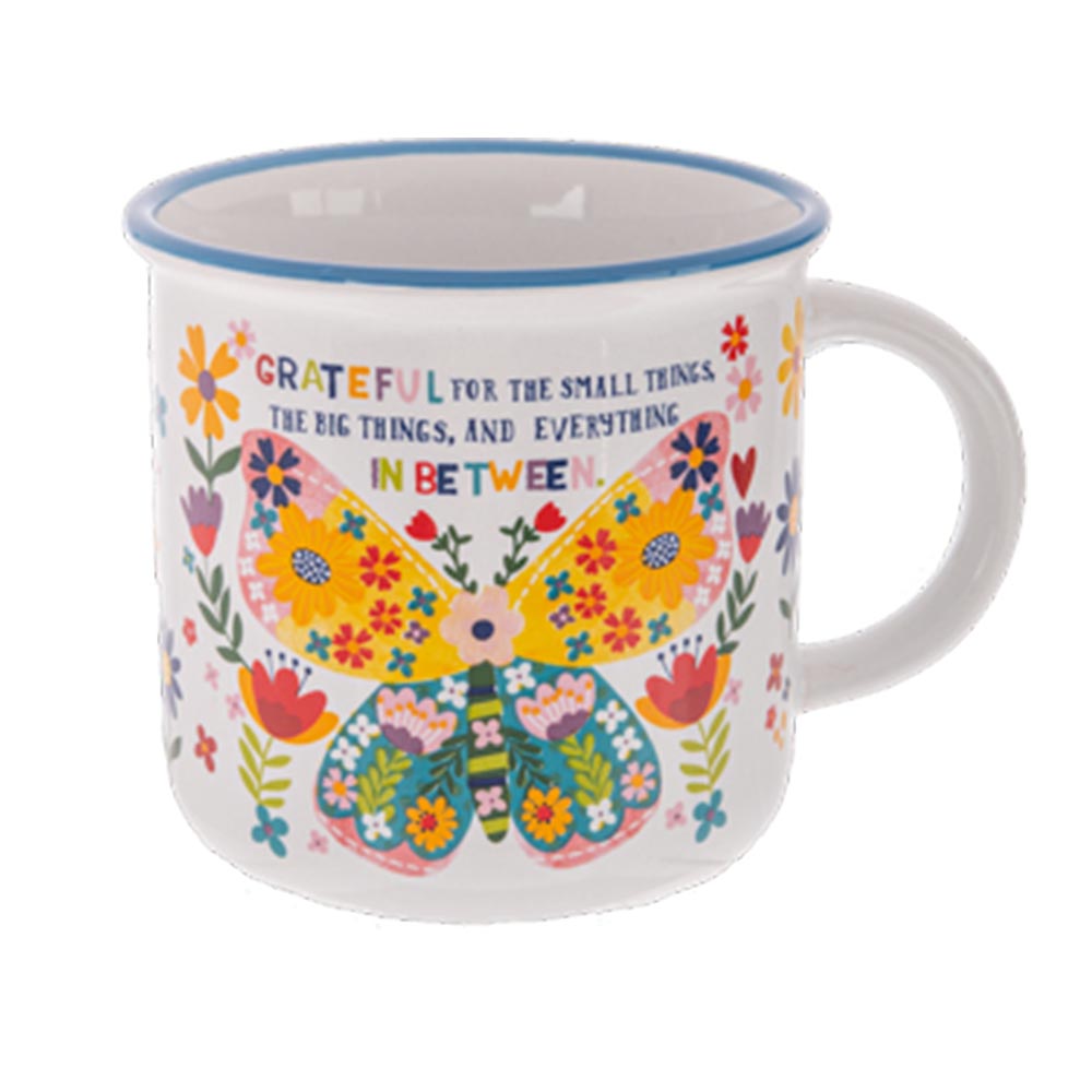 Grateful Inspirational Message Camp Mug With Butterfly & Flowers Design