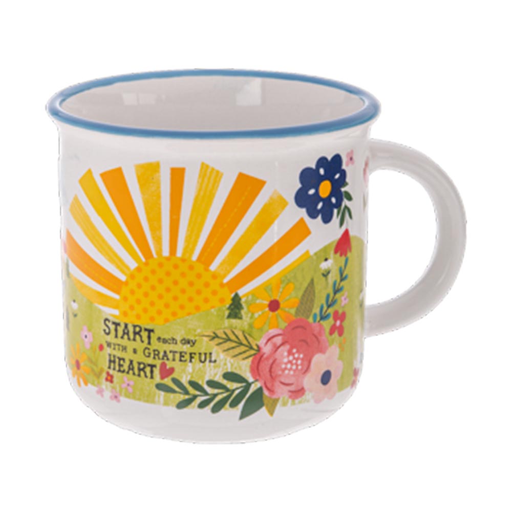 Grateful Inspirational Message Camp Mug With Sun & Rainbow Design