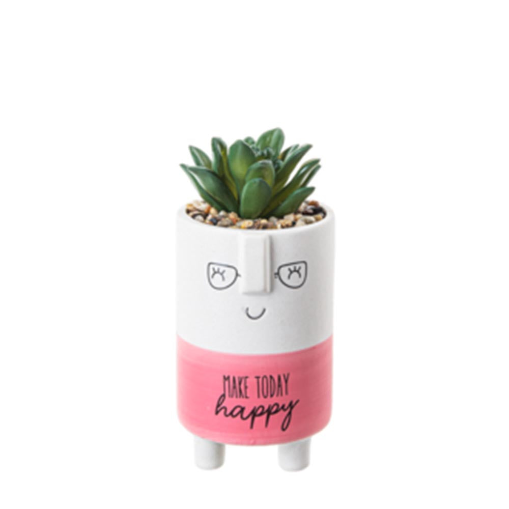 Cute Kindness Pot With Artificial Plant & Inspirational Message - Happy