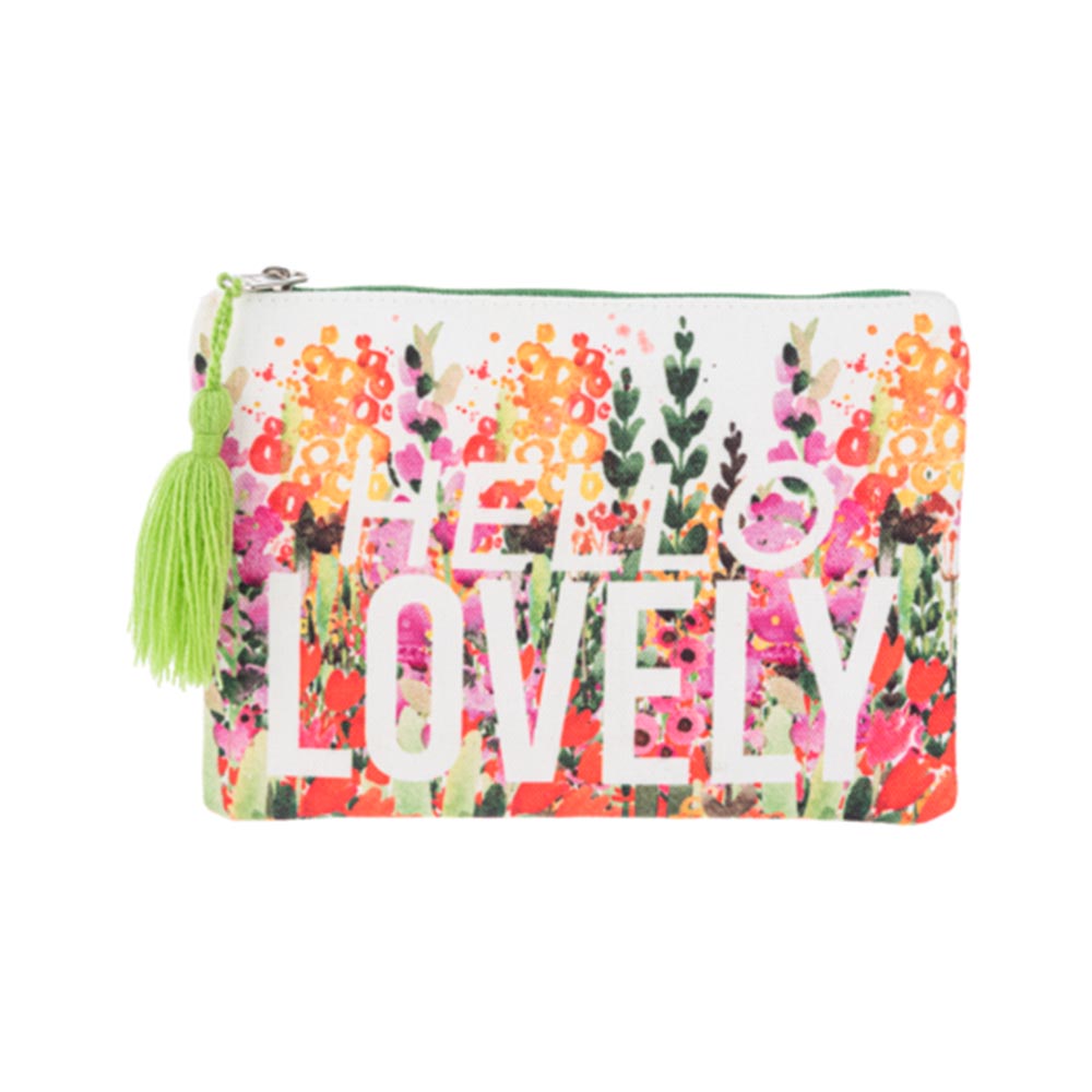 Zip Pouch With Floral Design & Inspirational Message - Hello Lovely