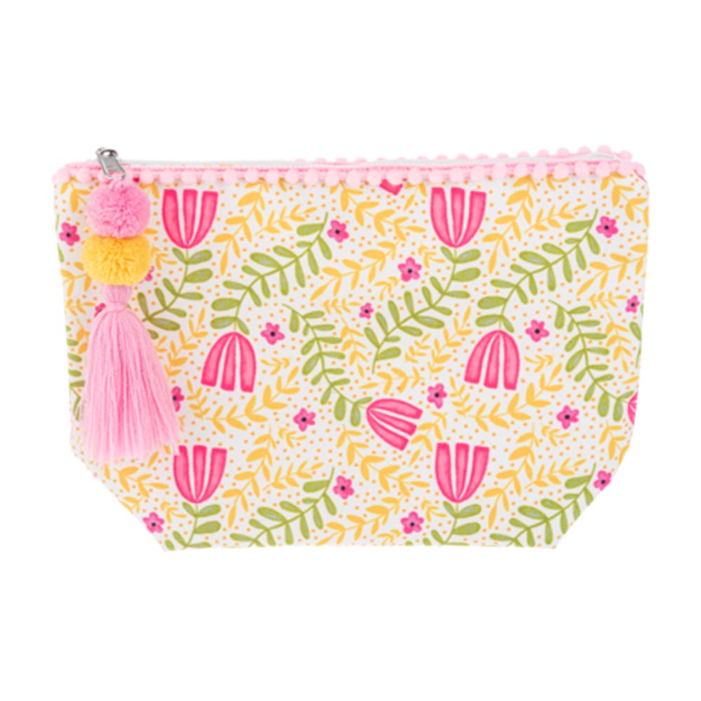 Zip Pouch With Cute Floral Design - Pink & Yellow